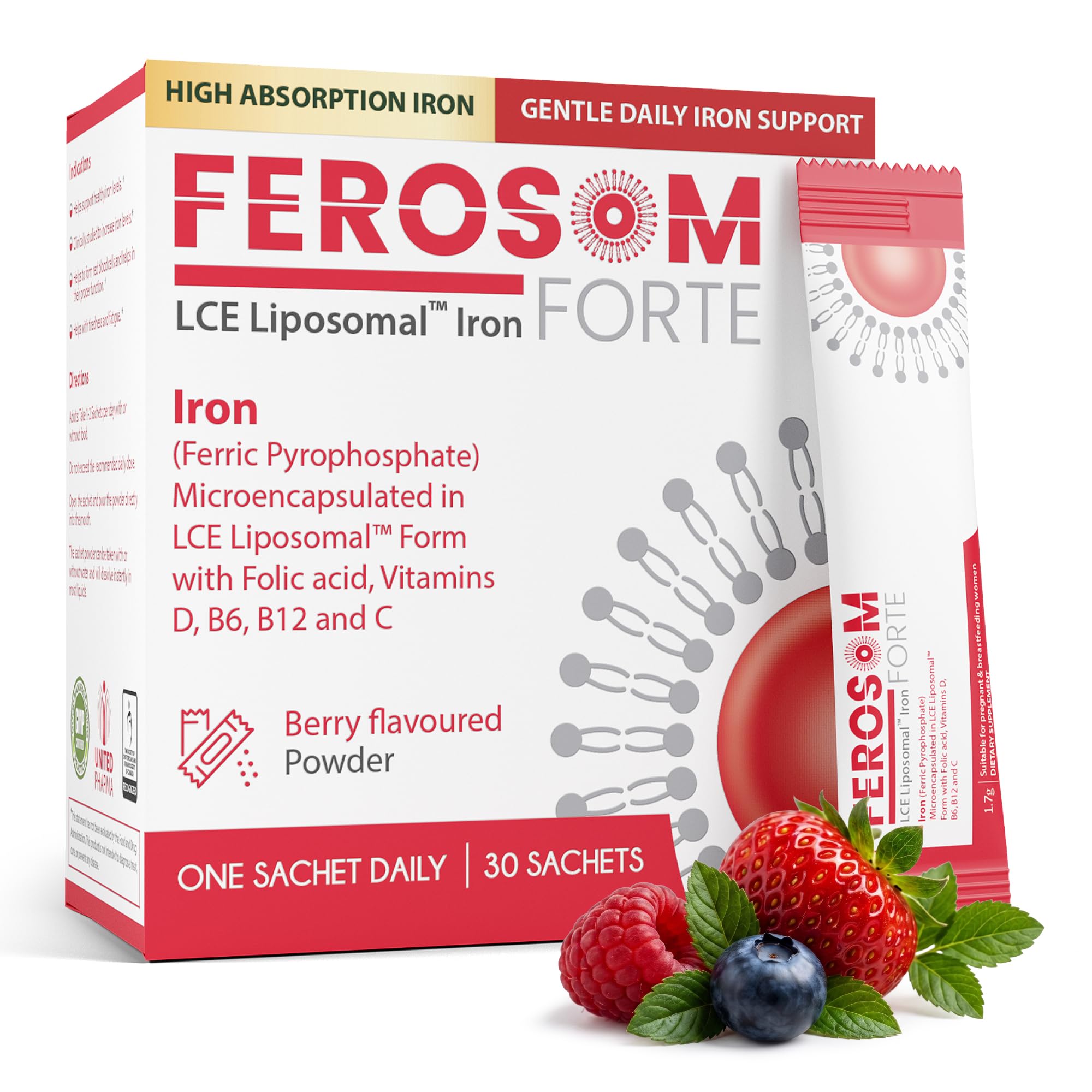 Ferosom Forte imagen frontal de la caja mostrando sachets y beneficios