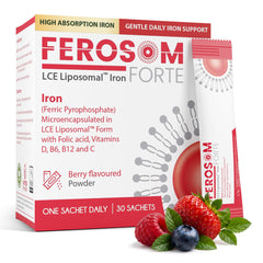 Ferosom Forte imagen frontal de la caja mostrando sachets y beneficios