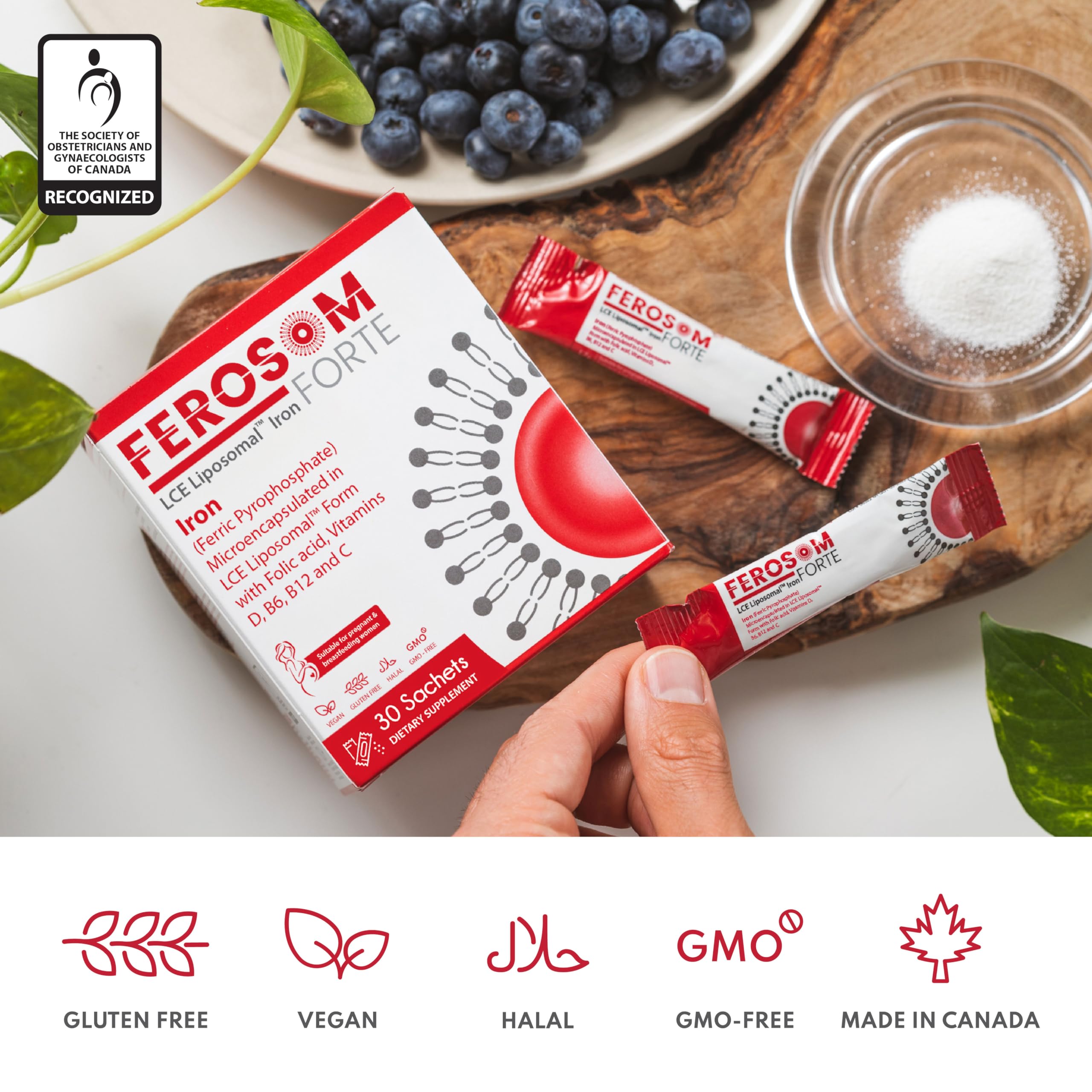 Ferosom Forte textura del polvo liposomal cercana, absorción mejorada