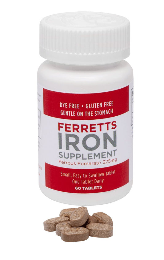 Ferretts iron tablets bottle side highlighting easy-to-swallow, stomach-friendly design.