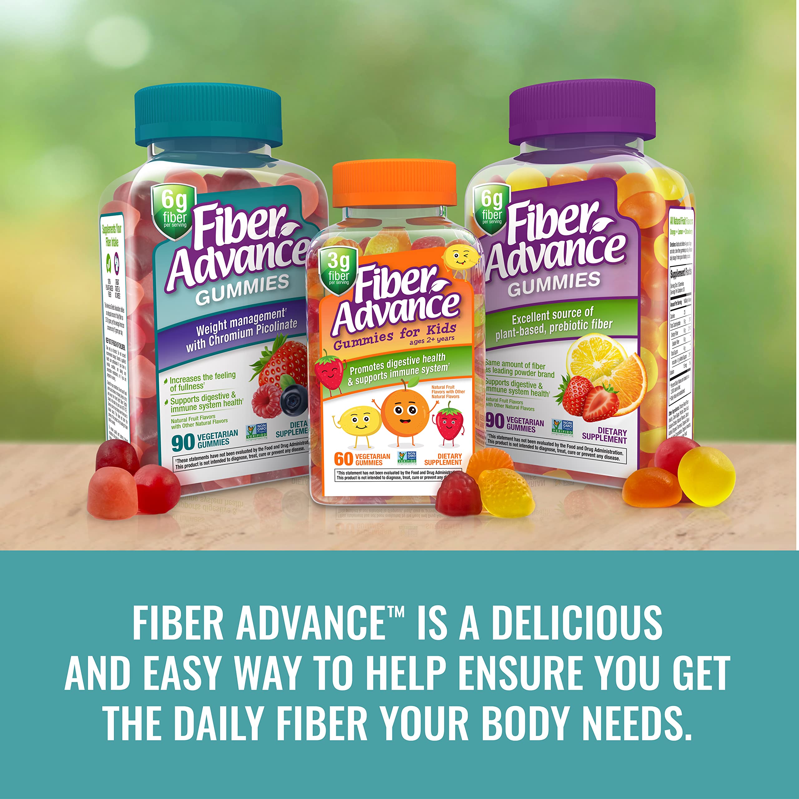 Fiber Advance botella abierta con gomitas invitando a consumo diario