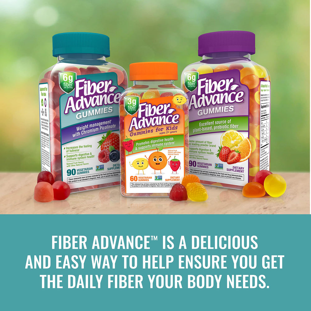 Fiber Advance botella abierta con gomitas invitando a consumo diario