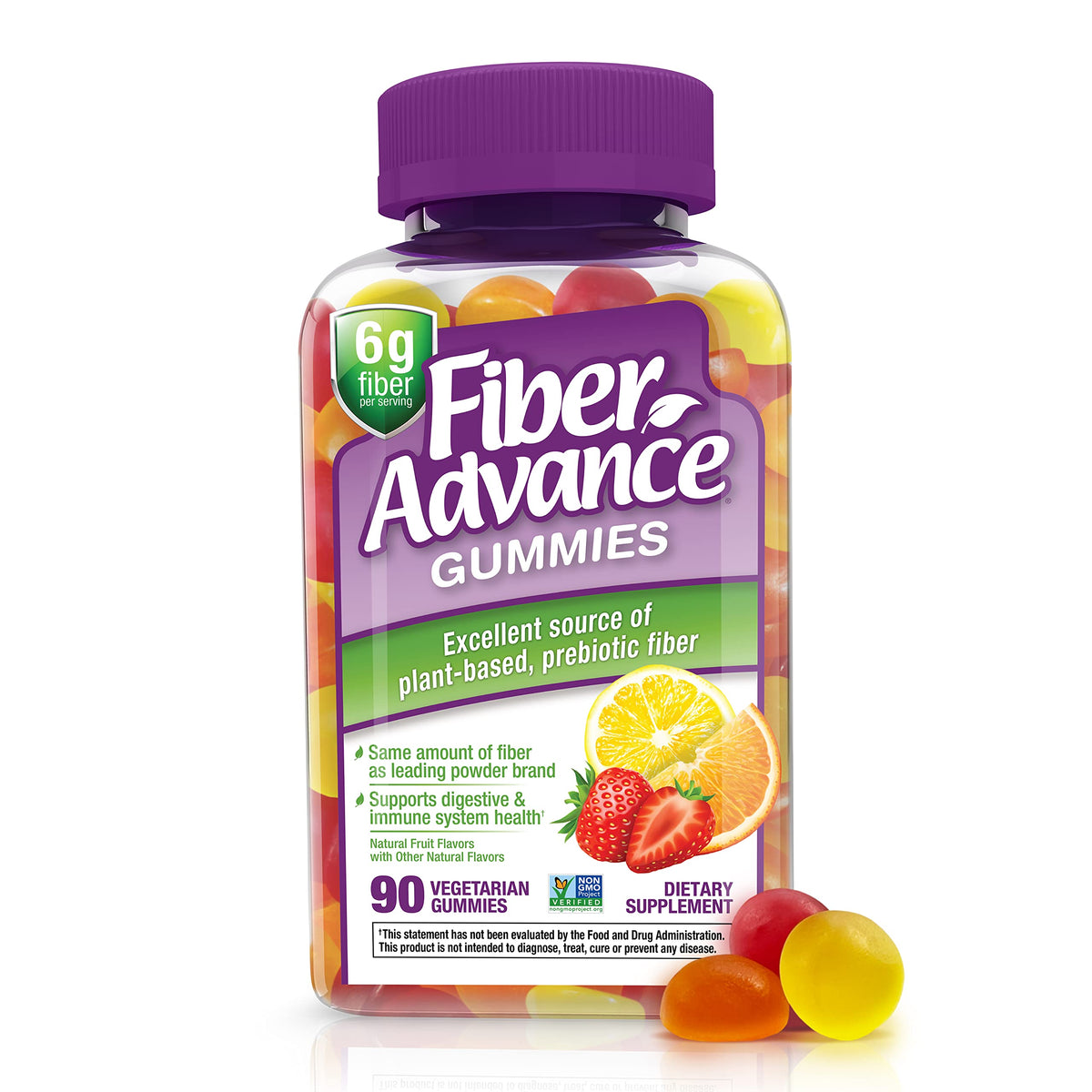 Fiber Advance frasco frontal con gominolas exhibidas, conveniente y sabroso