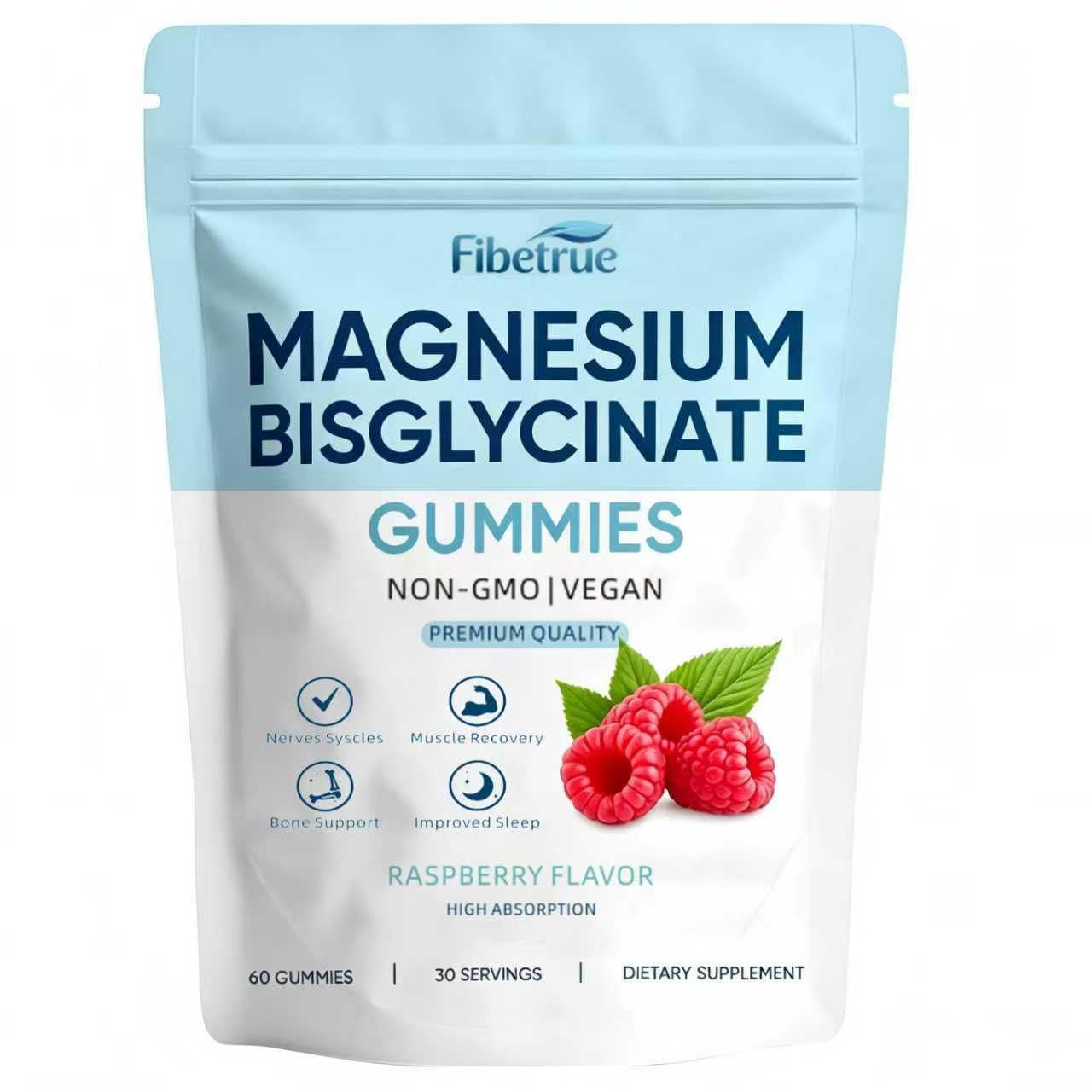 Fibetrue envase frontal mostrando 60 gomitas, accesible y vegano