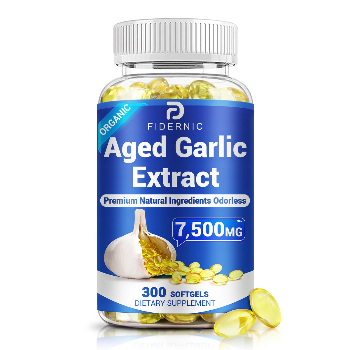 FIDERNIC botella frontal mostrando 300 softgels y beneficios diarios