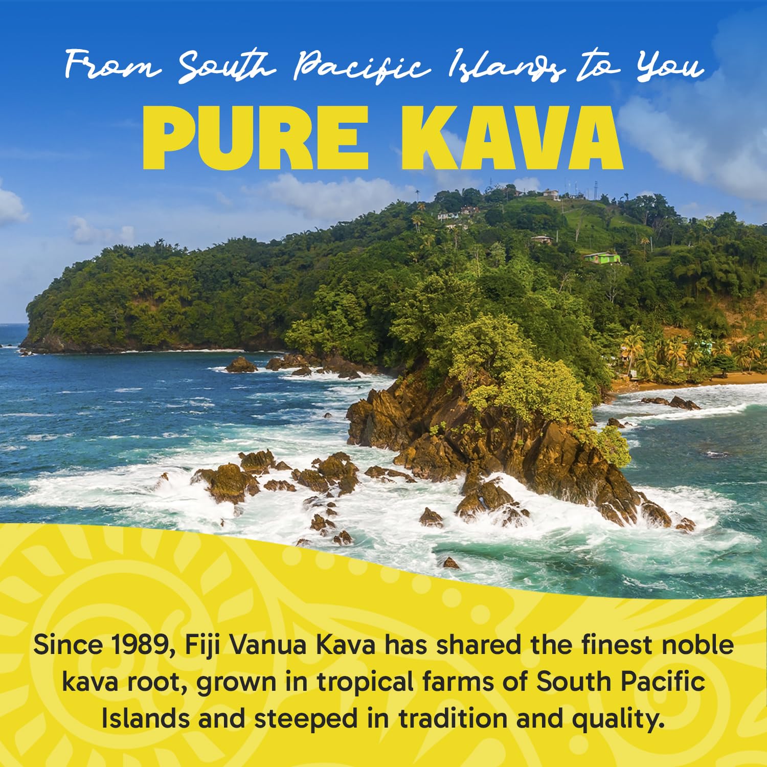 Fiji Vanua Kava en entorno isleño que sugiere origen y autenticidad