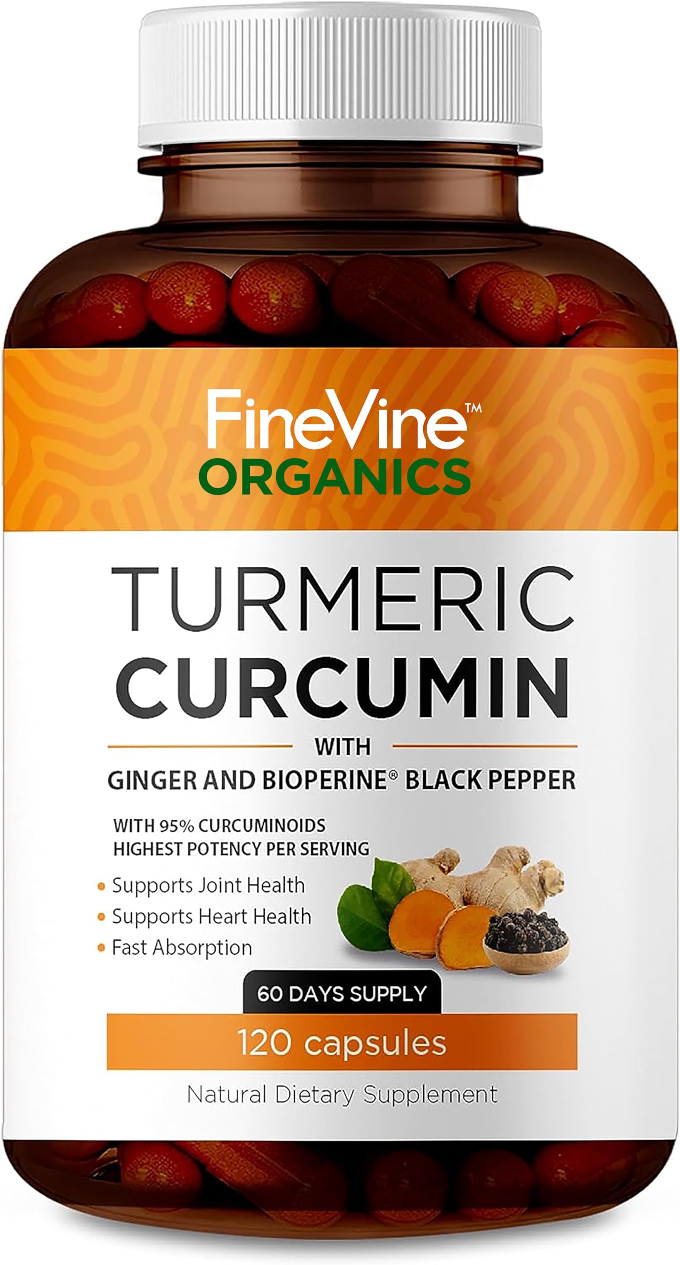 FineVine Organics botella frontal mostrando cápsulas y marca, claridad del producto