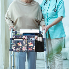FINPAC bolso instalado en un andador plegable demostrando uso seguro y accesible