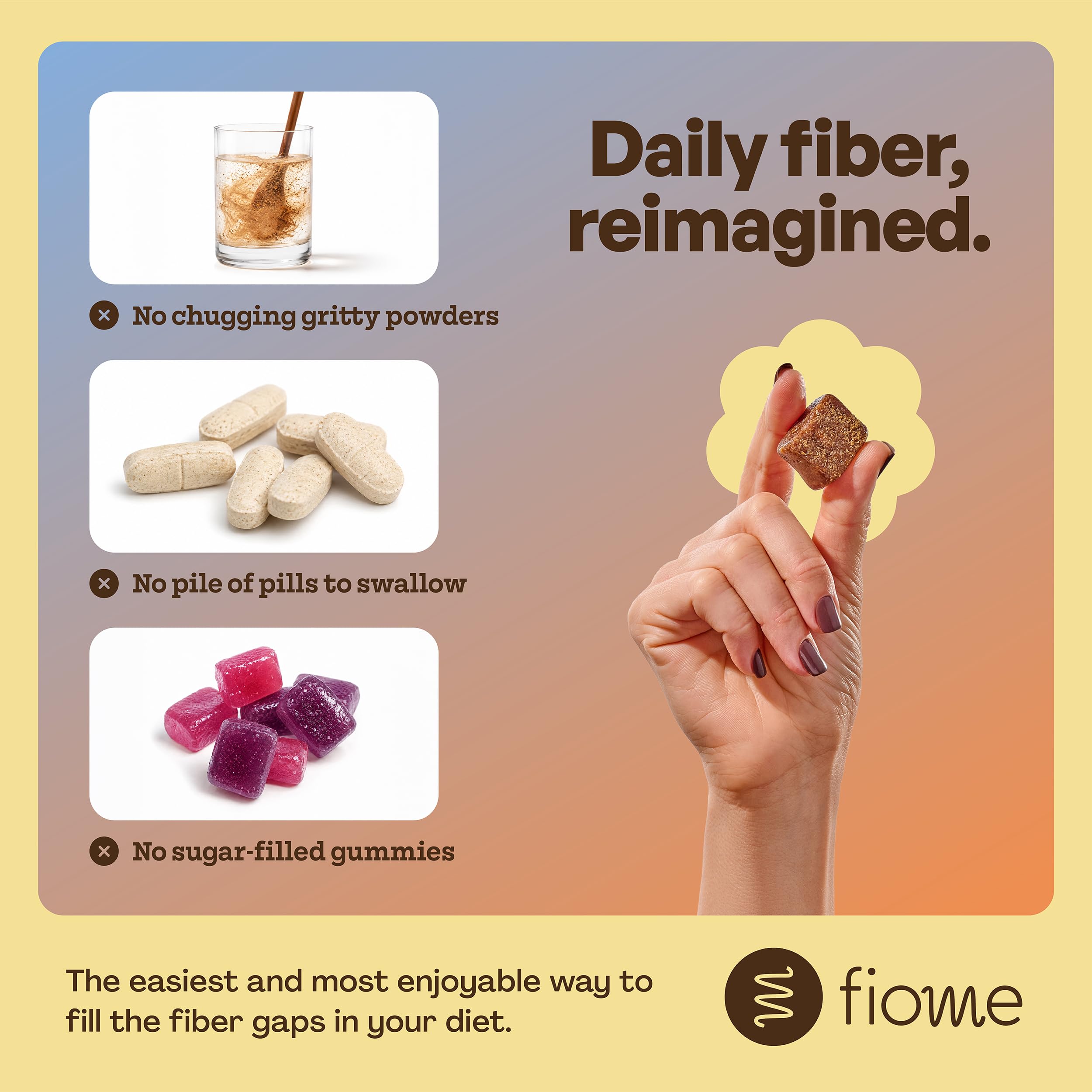Fiome Fiber Bite en mano para comparar tamaño y conveniencia