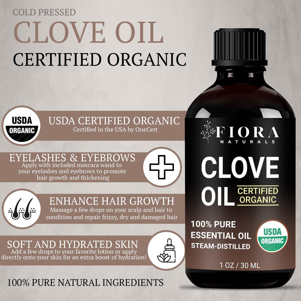 Fiora Naturals gotero dejando caer aceite de clavo para precisión en dosis