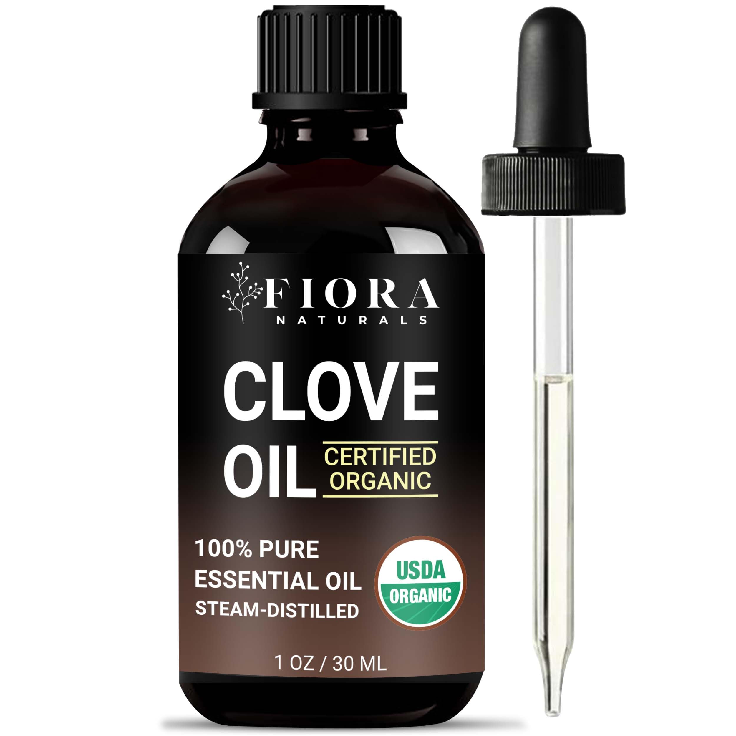 Fiora Naturals botella frontal de aceite de clavo mostrando pureza y diseño
