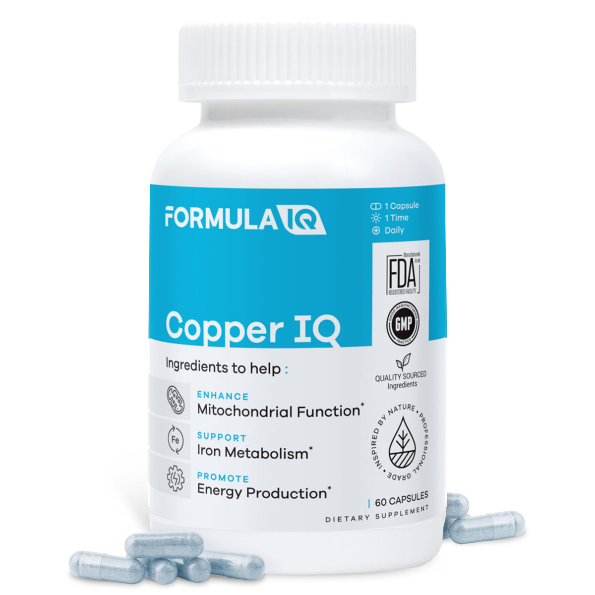 FIQ Copper IQ empaque frontal, identificación clara y beneficio de alta absorción