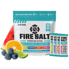 Fire Science Nutrition empaque frontal mostrando cuatro sabores y 12 sobres beneficio conveniencia