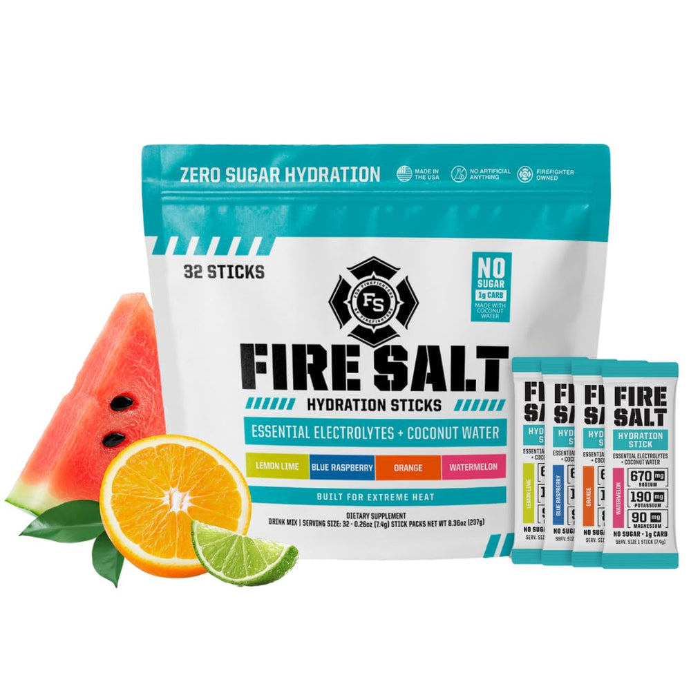Fire Science Nutrition caja frontal mostrando 32 sobres y variedad de sabores para conveniencia