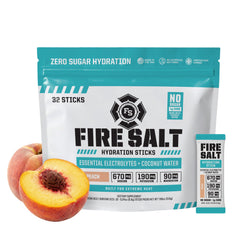 Fire Science Nutrition empaque frontal de Peach muestra caja de 32 sobres, fácil almacenamiento