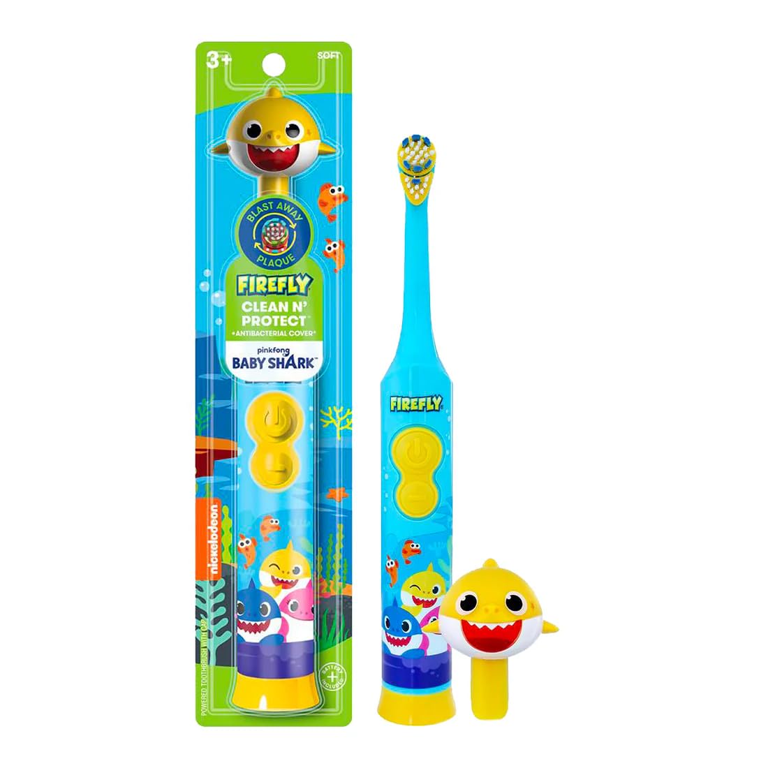 FIREFLY cepillo Baby Shark frontal con empaque mostrando diseño y beneficio lúdico