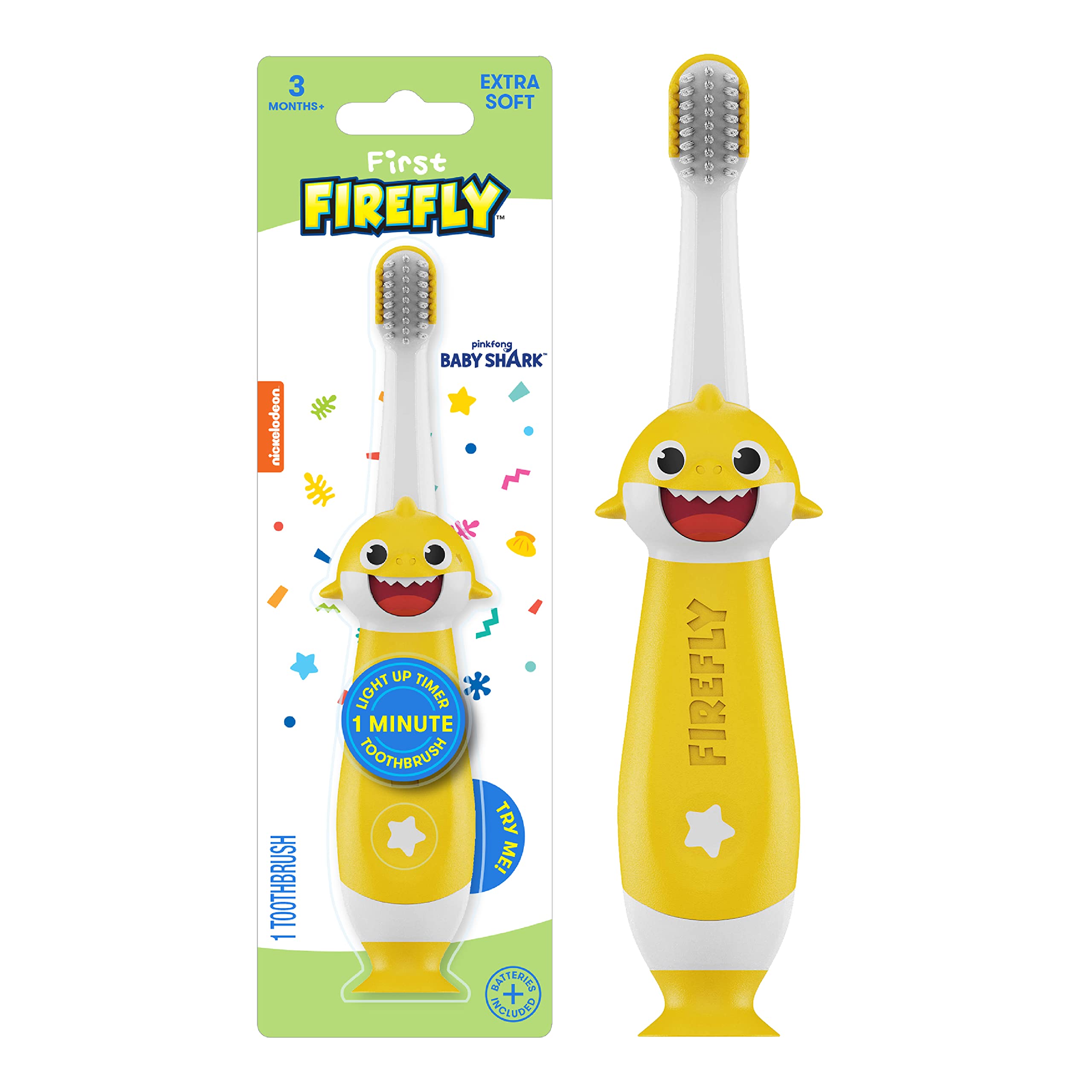 FIREFLY cepillo Baby Shark frontal mostrando diseño atractivo y seguro