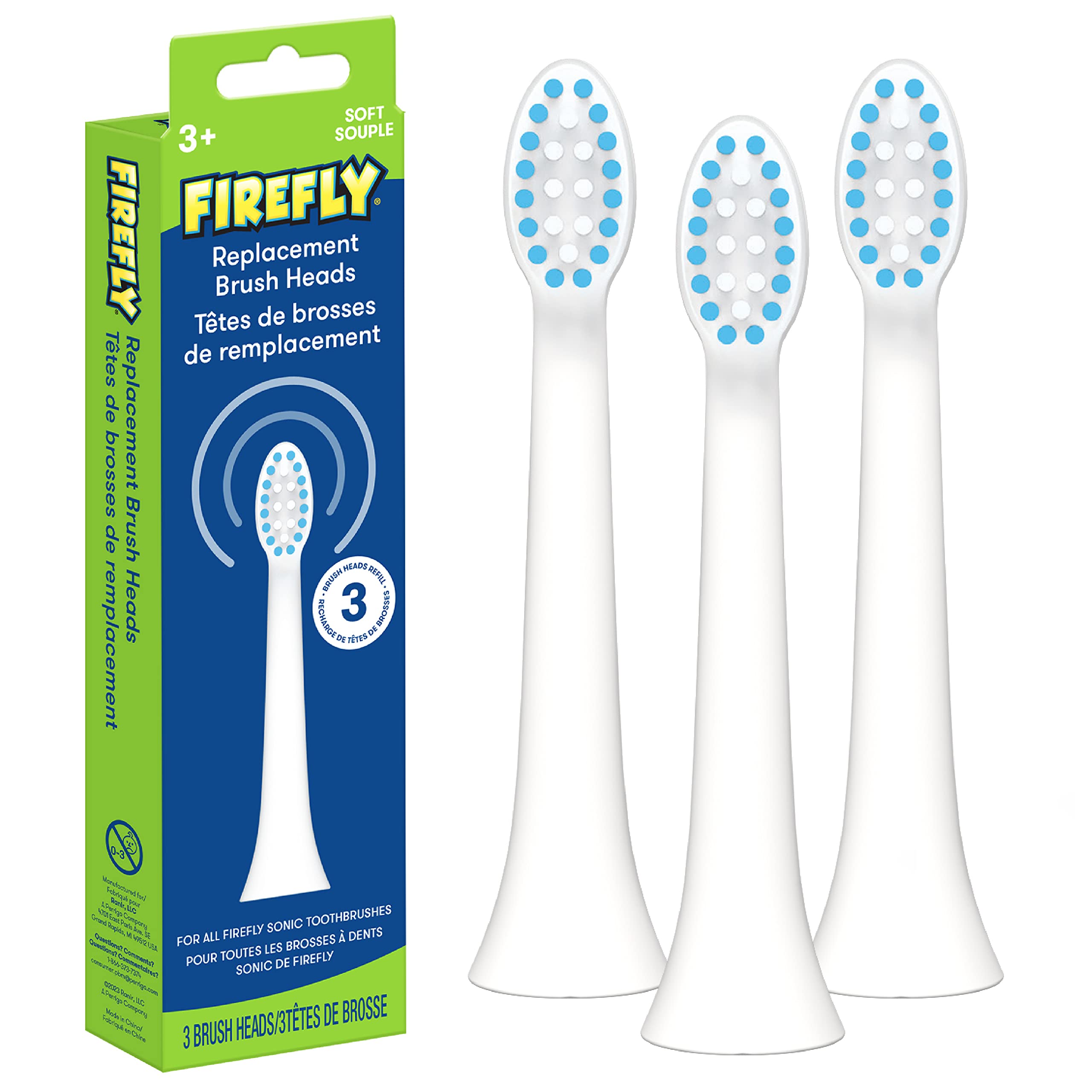 Firefly frontal del empaque mostrando pack de tres y compatibilidad