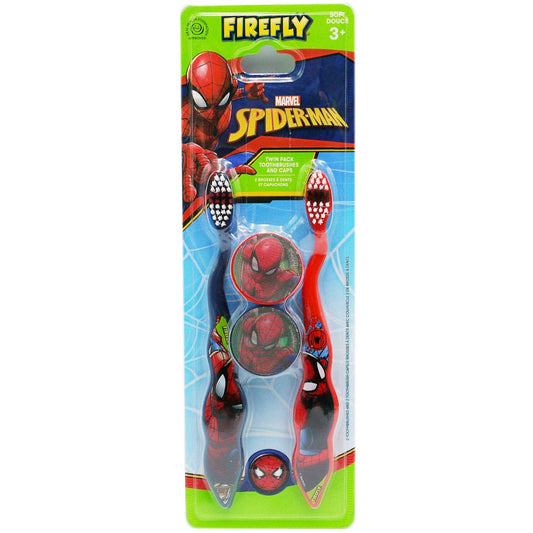FIREFLY cepillos Spiderman frontal mostrando diseño y tapas higiénicas