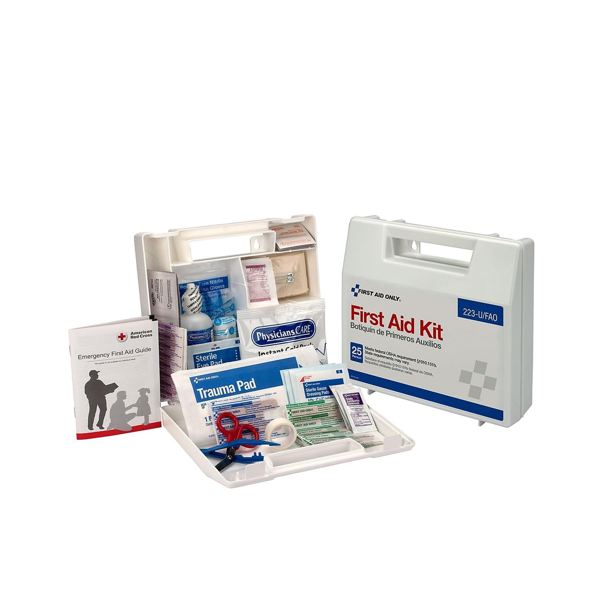 First Aid Only vista frontal del estuche resistente y compacto para ahorro de espacio