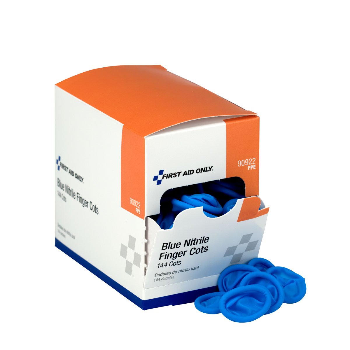 First Aid Only envase frontal azul con 144 fundas que asegura reposición rápida