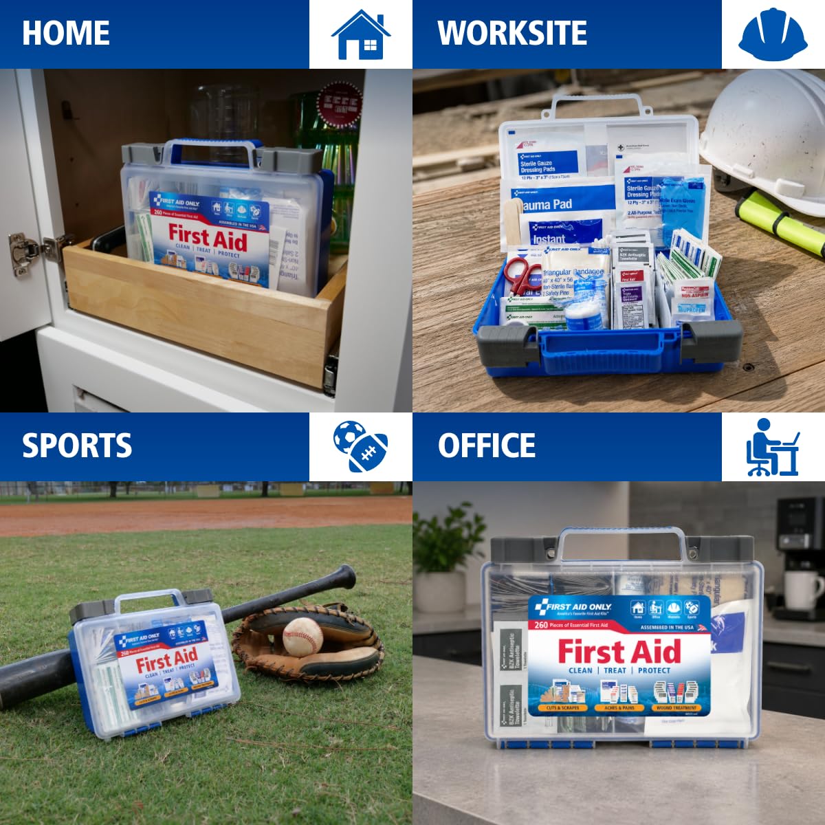 First Aid Only vendajes y apósitos apilados listos para tratamiento inmediato