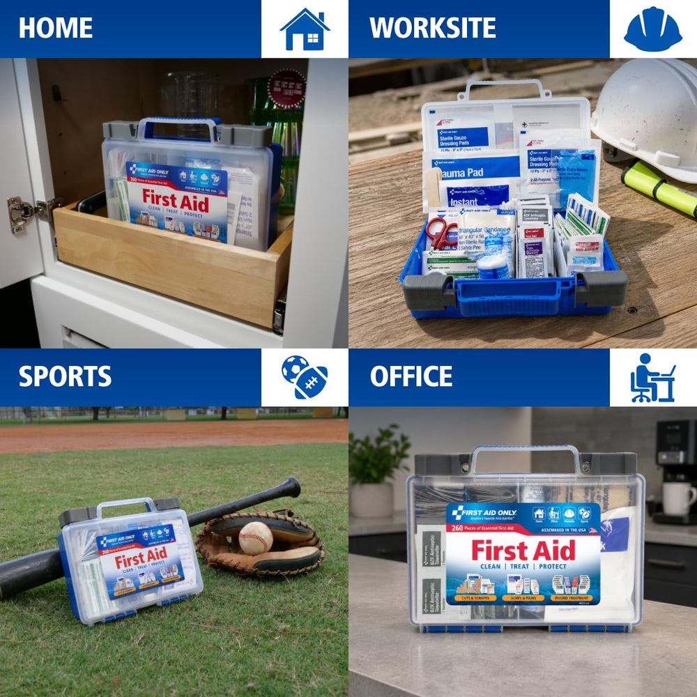 First Aid Only vendajes y apósitos apilados listos para tratamiento inmediato