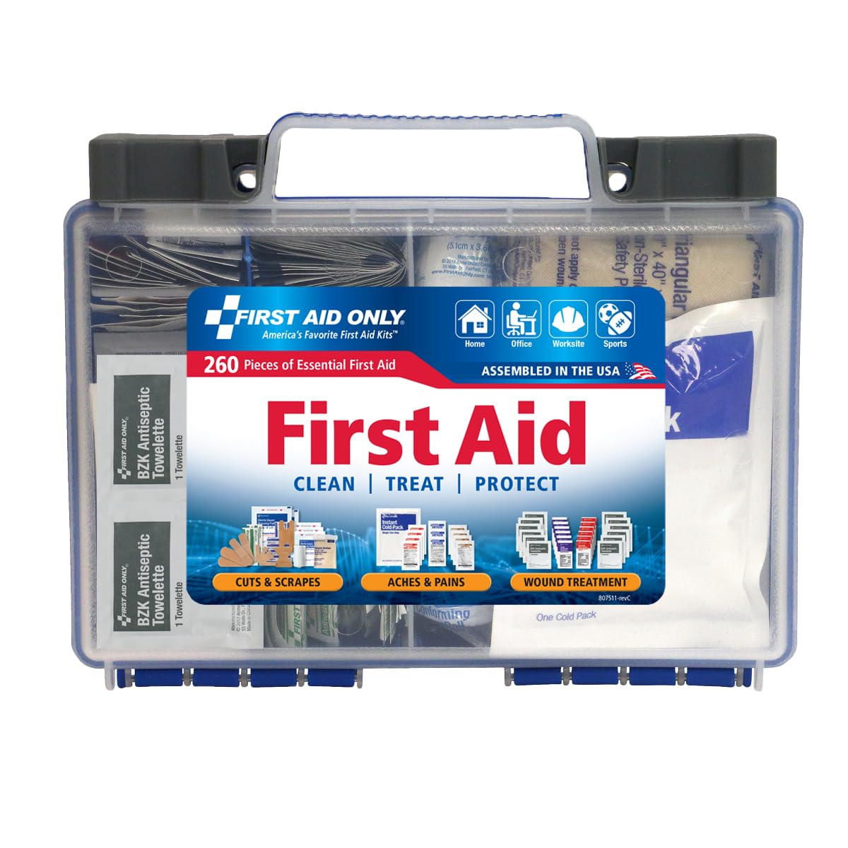 First Aid Only estuche frontal visible con cierre seguro y asa práctica