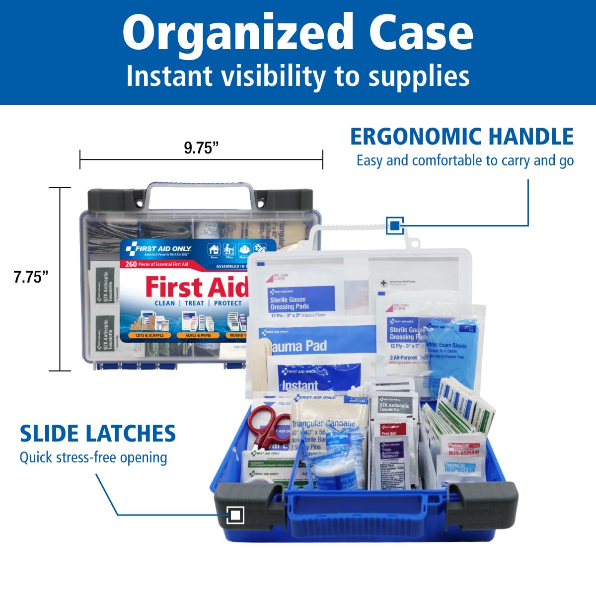 First Aid Only interior con compartimentos organizados para acceso rápido