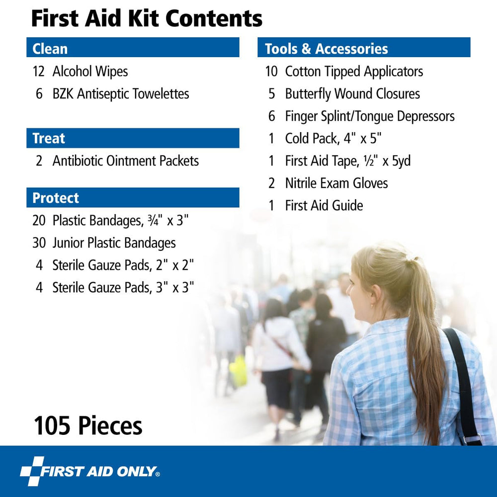First Aid Only interior organizado mostrando 105 piezas para respuesta rápida