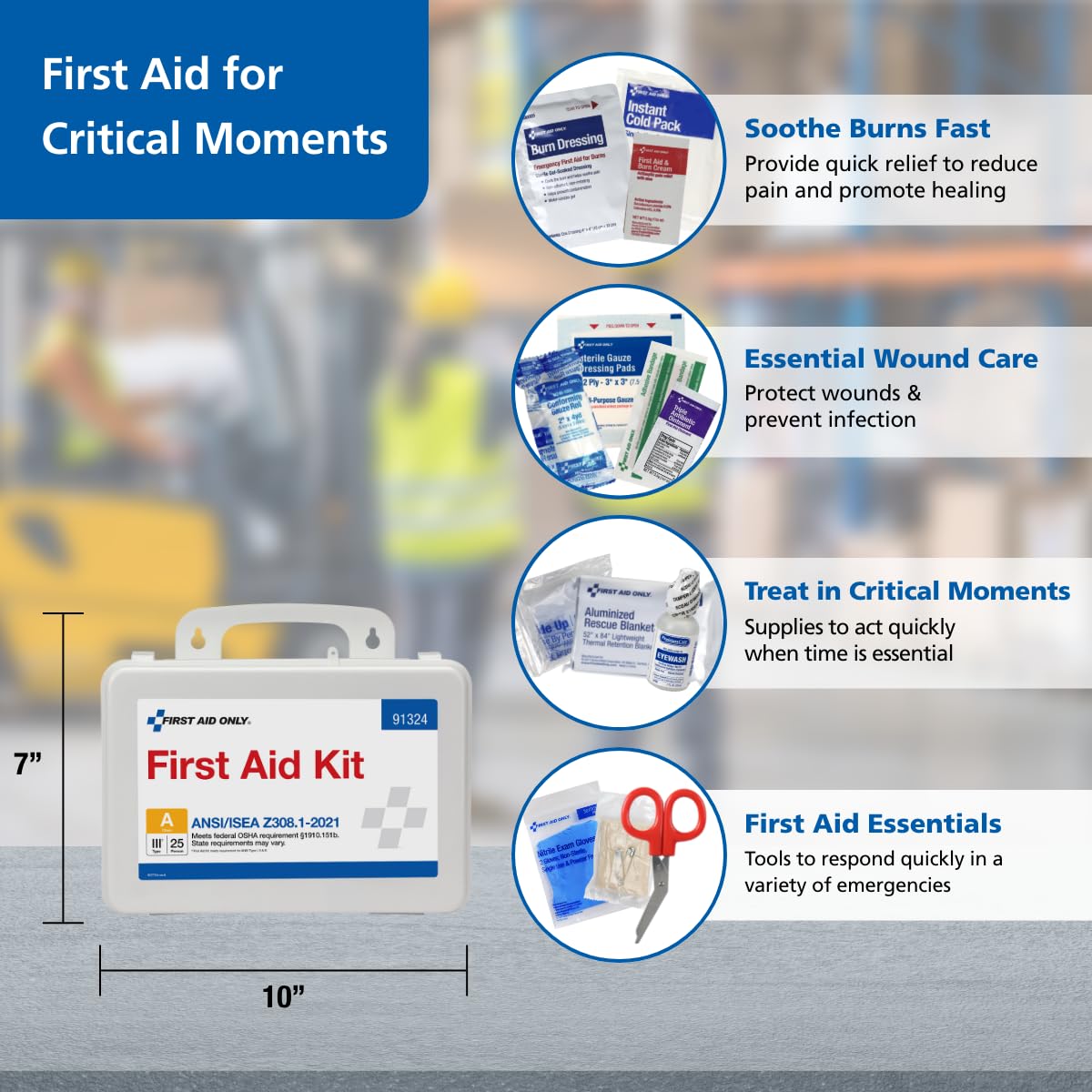 First Aid Only primer plano de vendas, tijeras y toallitas para uso inmediato