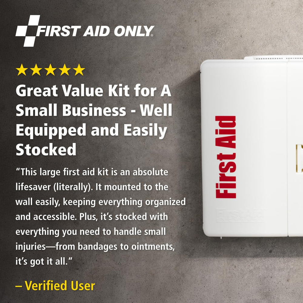 First Aid Only etiqueta del contenido visible, facilita inspecciones y cumplimiento