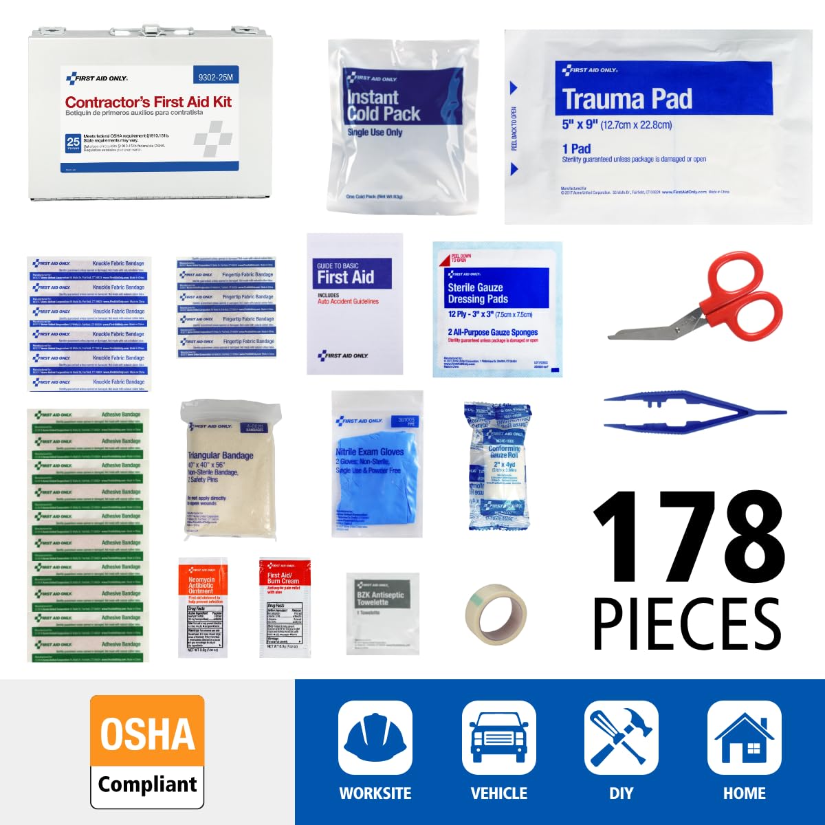 First Aid Only interior organizado con suministros visibles, ahorro de tiempo