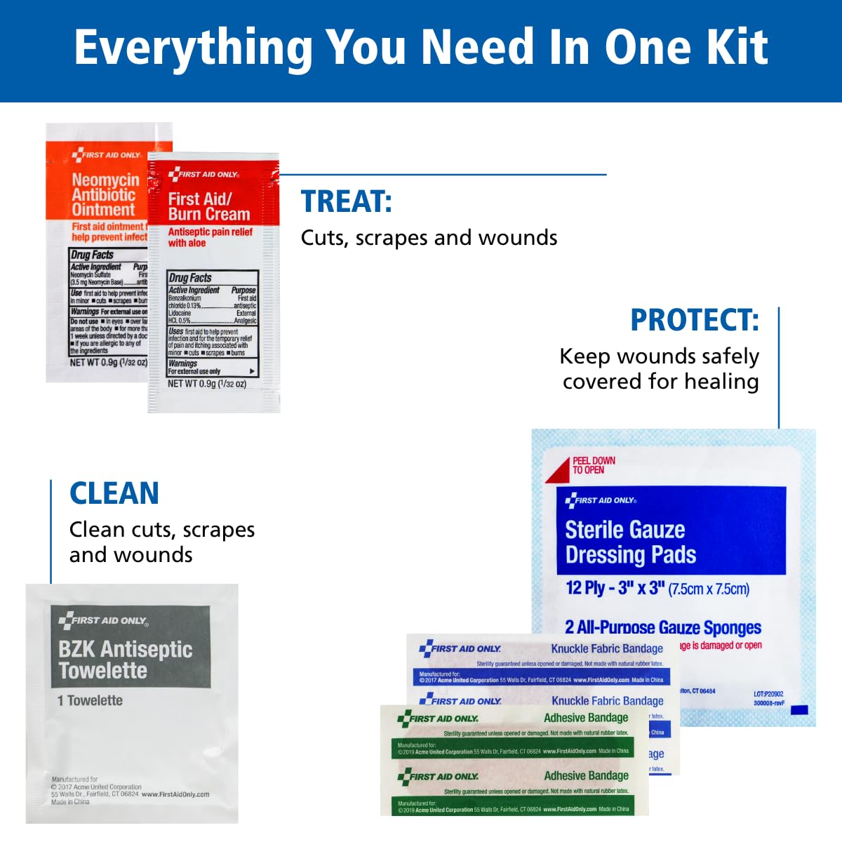 First Aid Only vendajes y gasas, materiales absorbentes listos