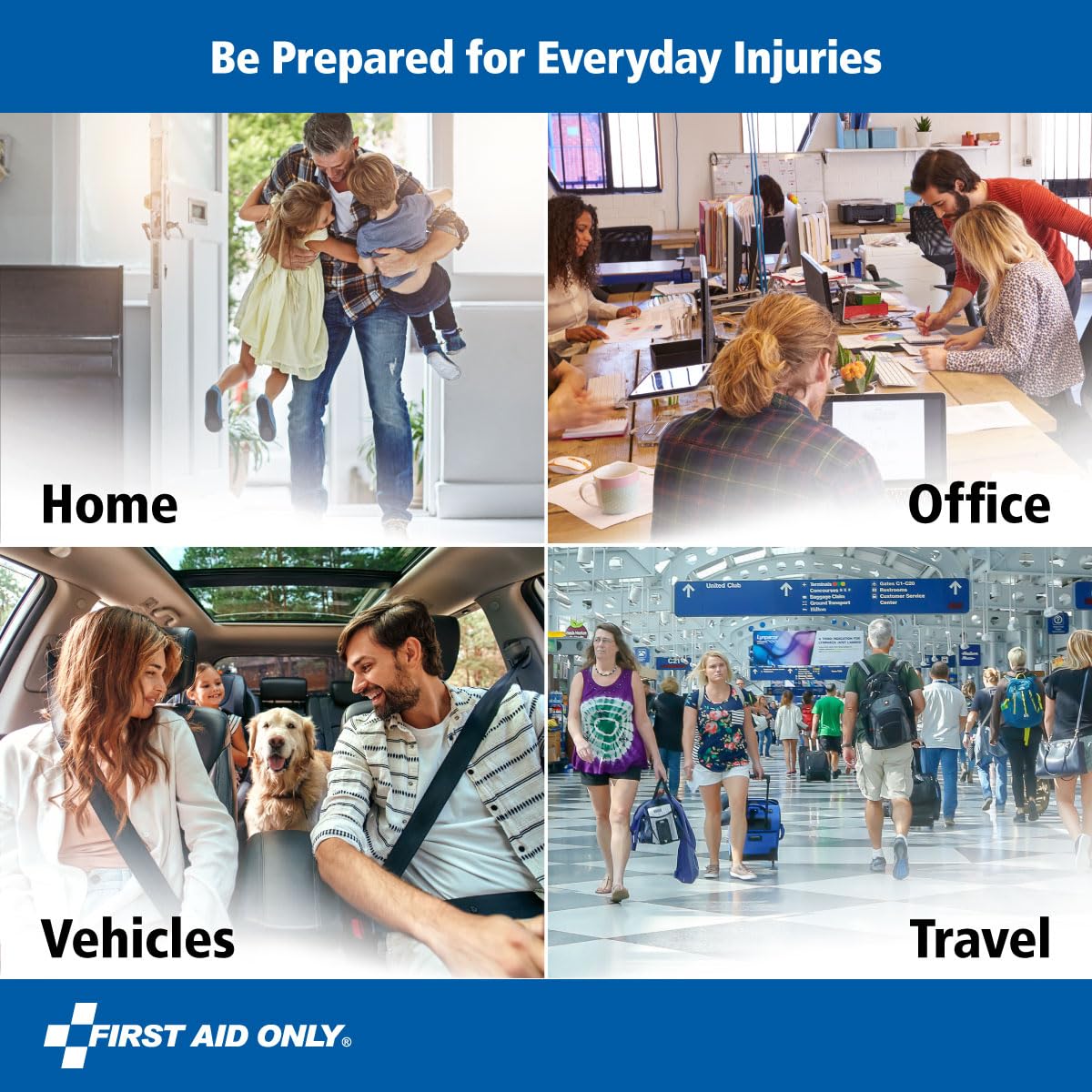 First Aid Only vendajes y gasas dispuestos mostrando opciones para heridas