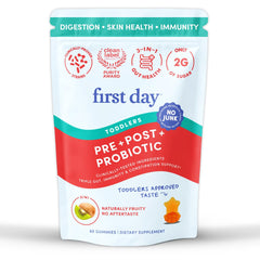 FIRST DAY envase frontal de gomitas kiwi mostrando 60 unidades y beneficios
