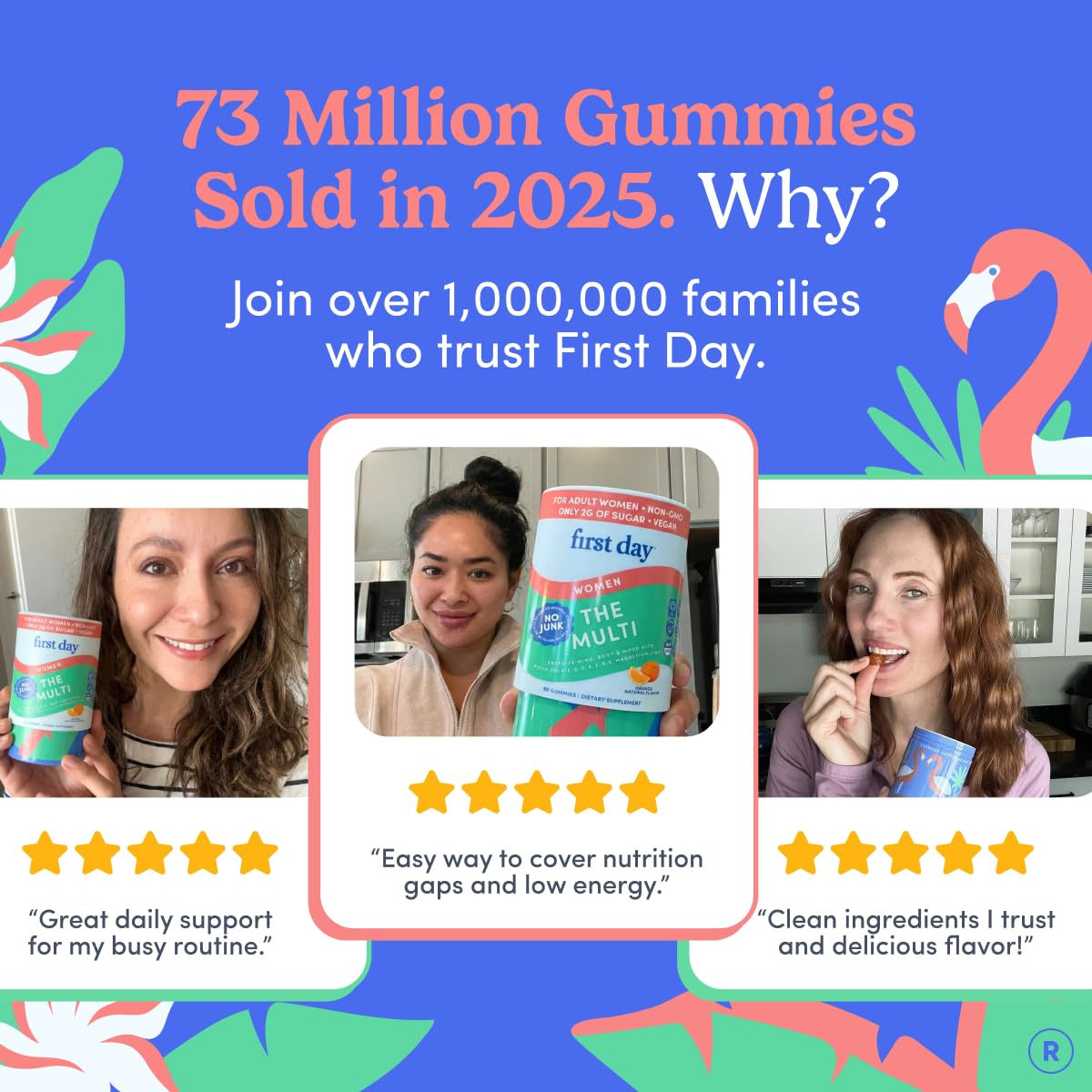 FIRST DAY mujer activa tomando gomitas en contexto de vida ocupada