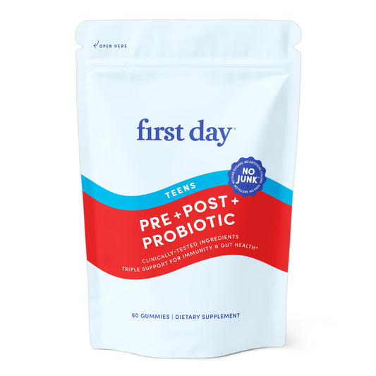 FIRST DAY frente del empaque mostrando 60 unidades y beneficios