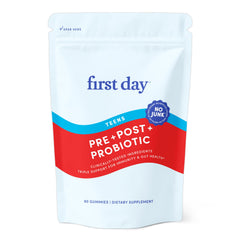 FIRST DAY frente del empaque mostrando 60 unidades y beneficios