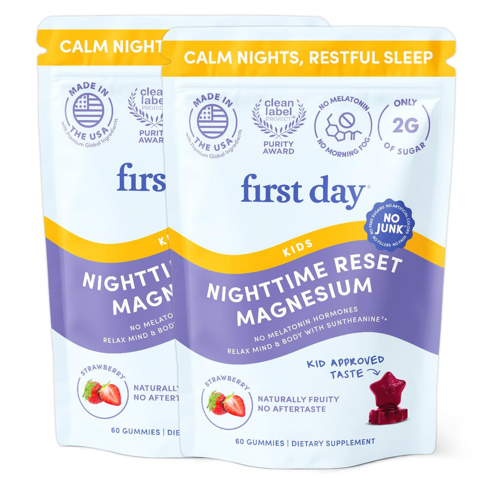 FIRST DAY envase frontal de gominolas de magnesio, presentación clara y segura
