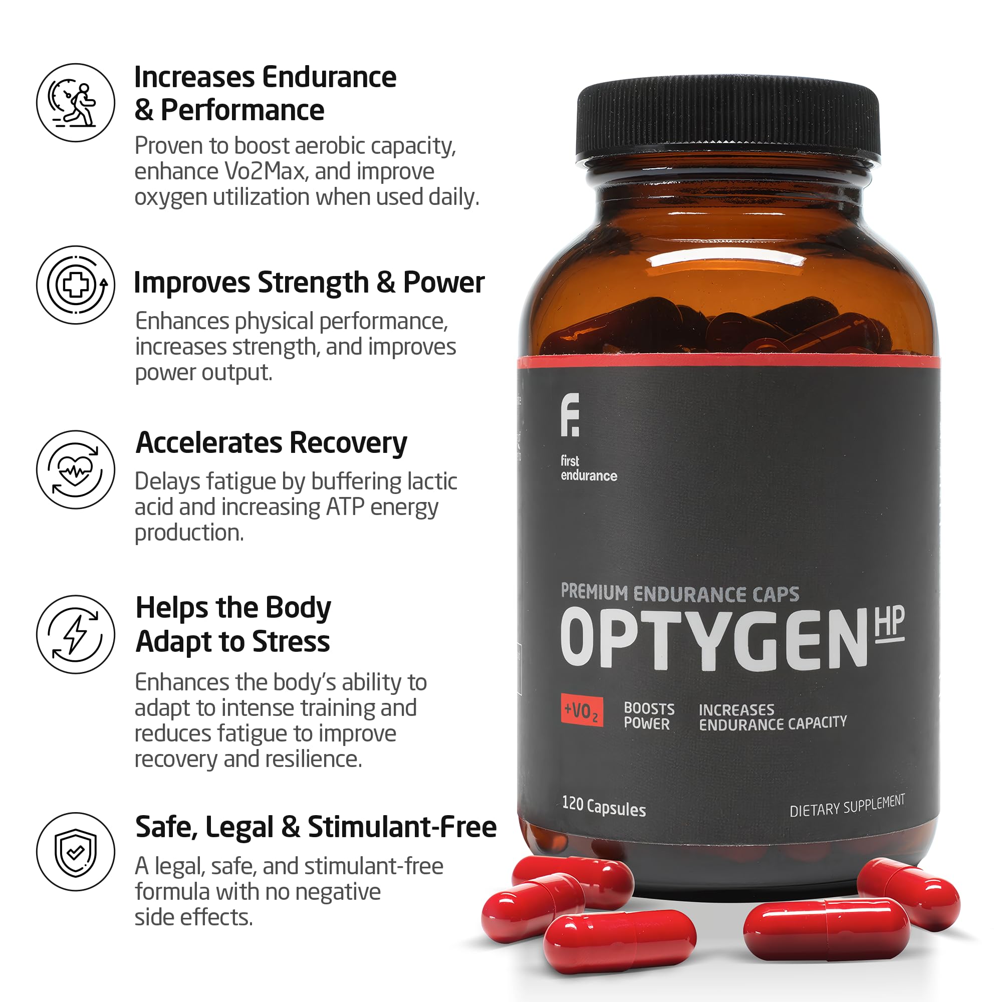 FIRST ENDURANCE OptygenHP cápsulas en primer plano para apreciar textura y dosificación precisa