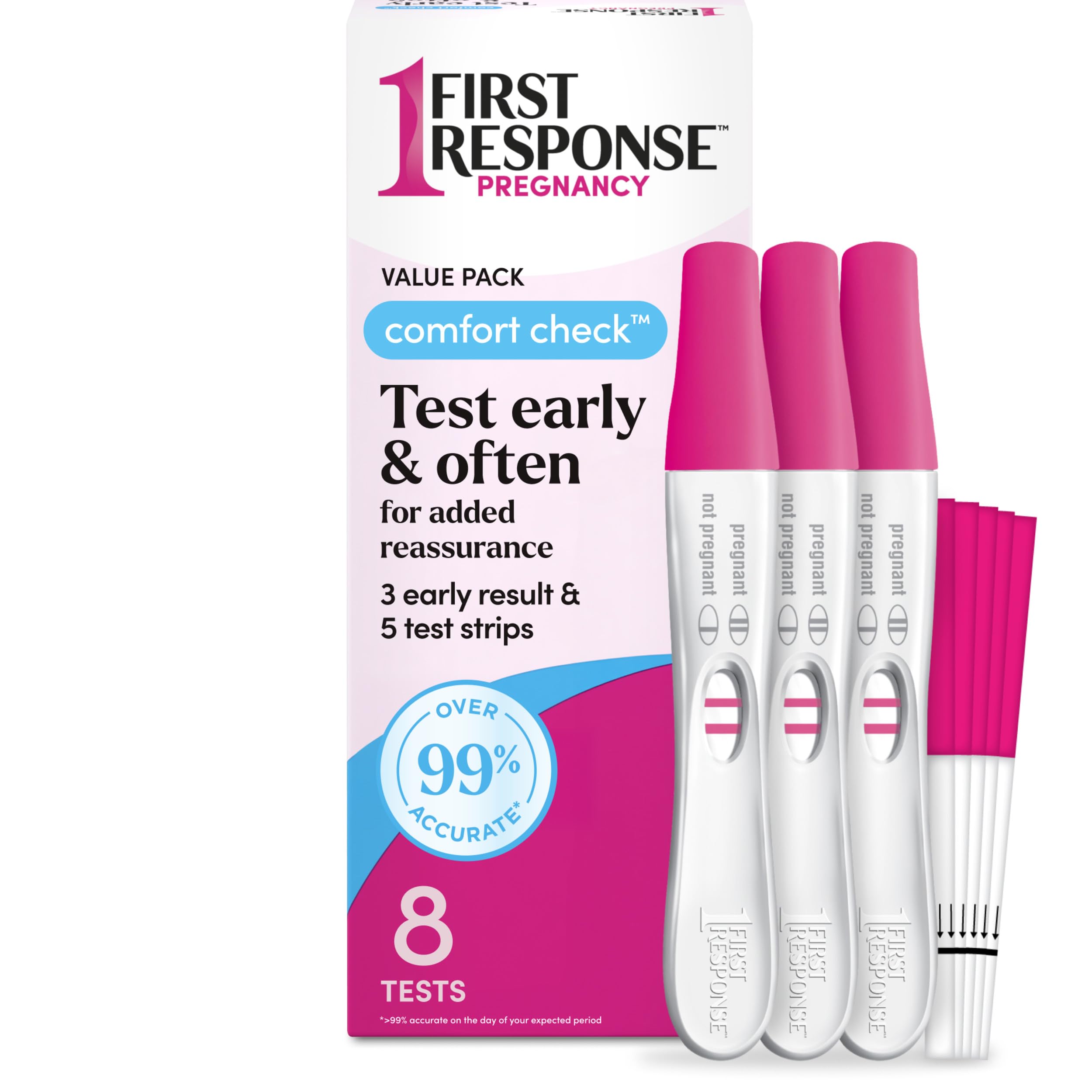 FIRST RESPONSE empaque frontal mostrando 8 pruebas y conveniencia