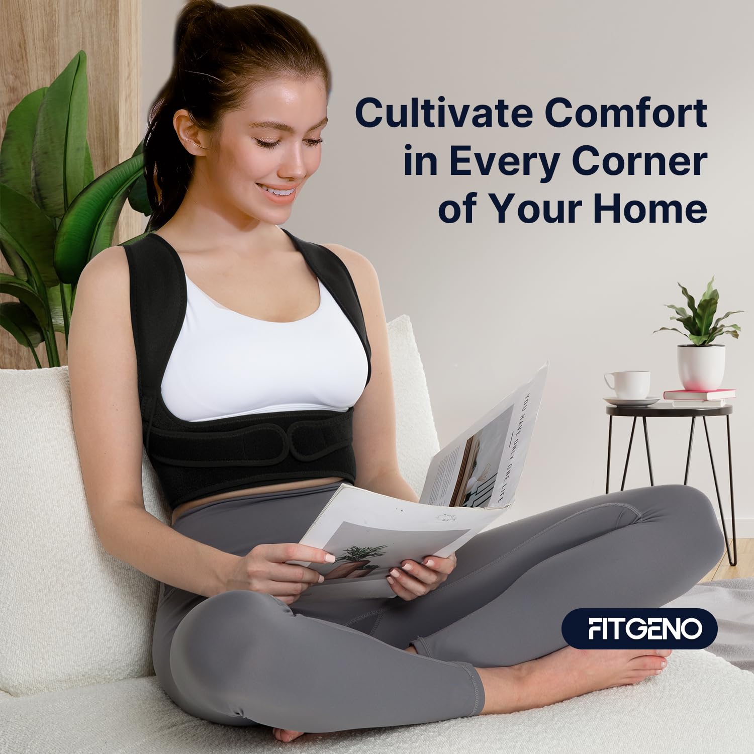 Fit Geno modelo en oficina mostrando soporte ergonómico y confort continuo