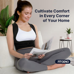 Fit Geno modelo en oficina mostrando soporte ergonómico y confort continuo