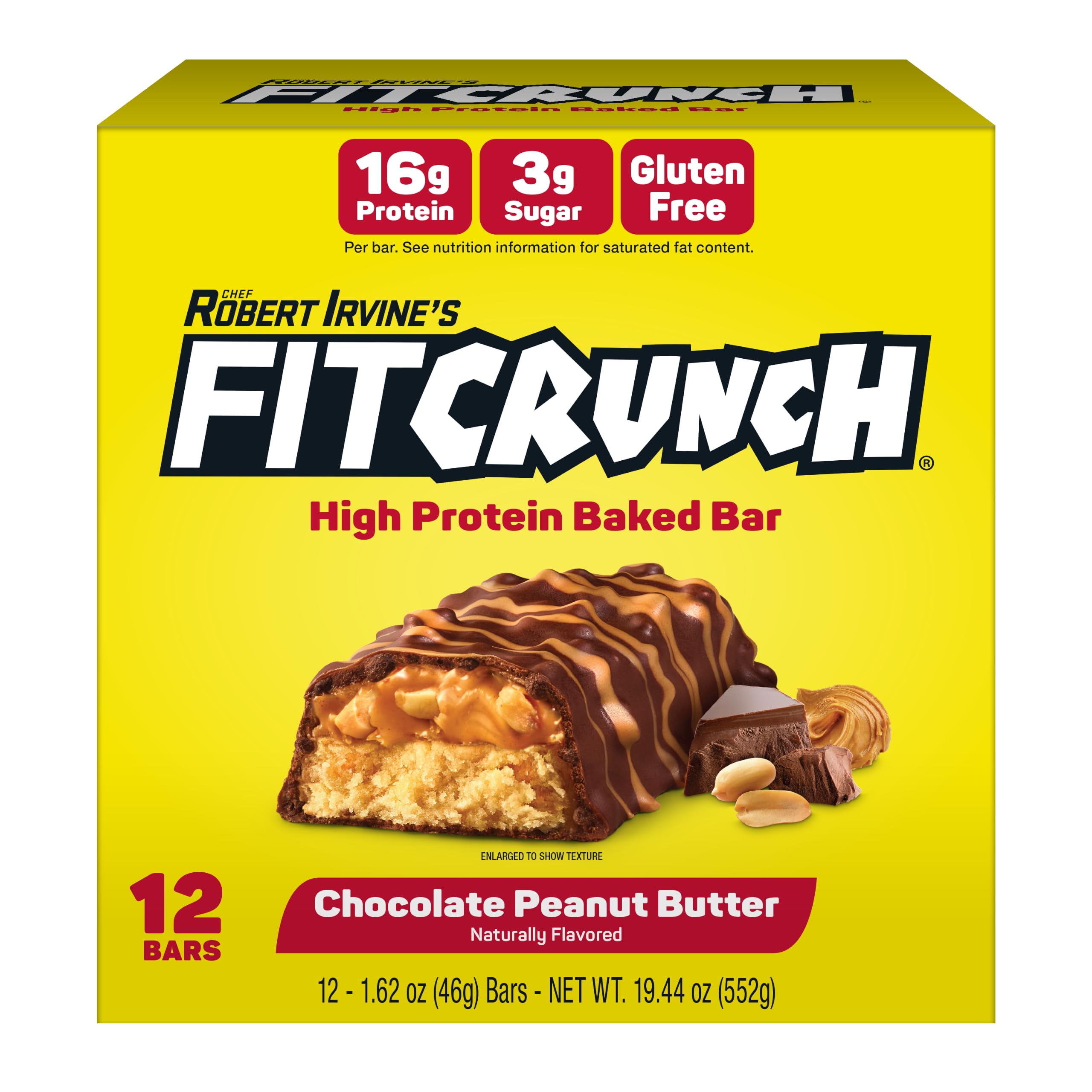 FitCrunch embalaje frontal mostrando caja de 12 barras y beneficios