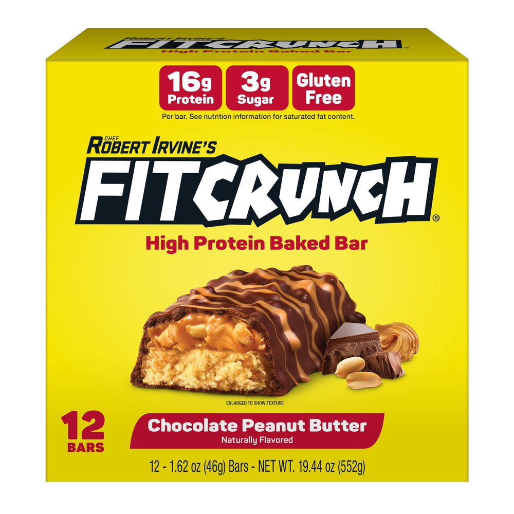 FitCrunch embalaje frontal mostrando caja de 12 barras y beneficios