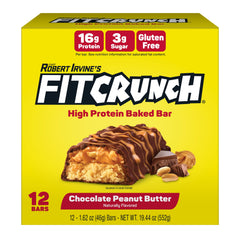 FitCrunch embalaje frontal mostrando caja de 12 barras y beneficios