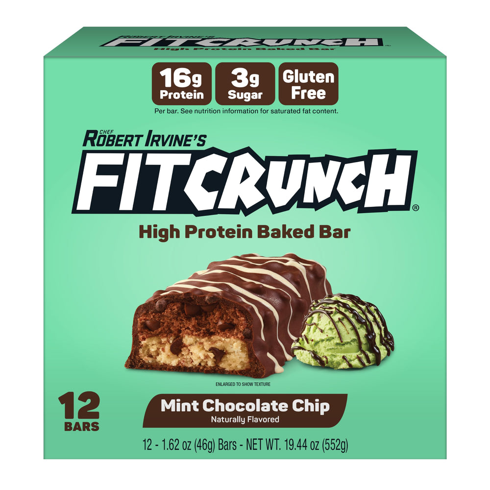 FitCrunch empaque frontal mint chocolate chip mostrando diseño y ventaja sabrosa