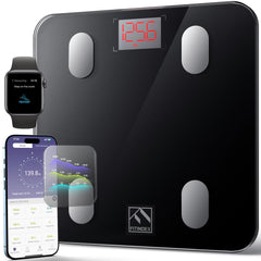 Báscula FITINDEX vista frontal negra con pantalla LED clara y diseño delgado