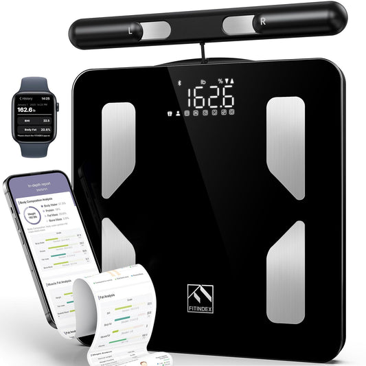 FITINDEX vista frontal de la báscula con pantalla clara y plataforma amplia